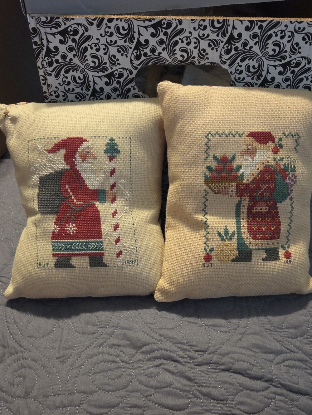 Needlepoint Santa Holiday Pillows - Cream and Red-2